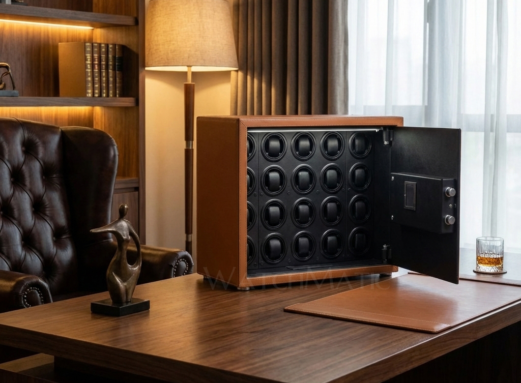 Comparison of a compact watch winder safe box and a large floor-standing watch safe cabinet