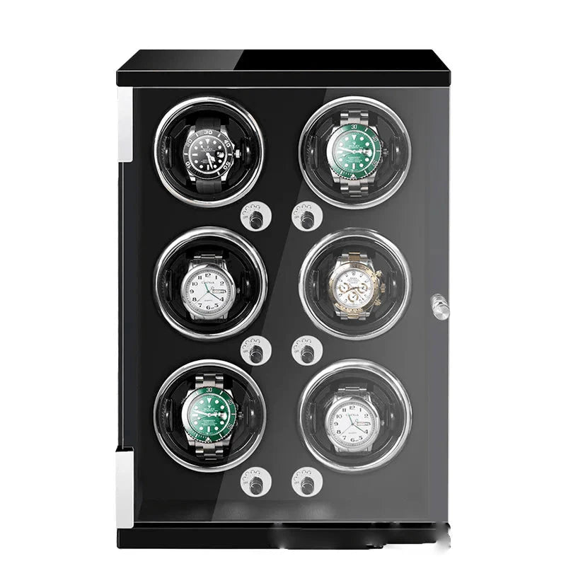 WATCHMATIC Bruno Black Luxury Watch Winder - 9 Slots Vertical Type D;14:3479 epitopes black paint + black PU [open cover self-stop + LED light] - WatchMatic